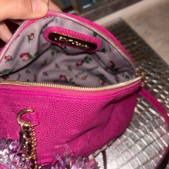Betsey Johnson Pink Football purse with Sparkly Pom-Poms - Picture 7 of 11